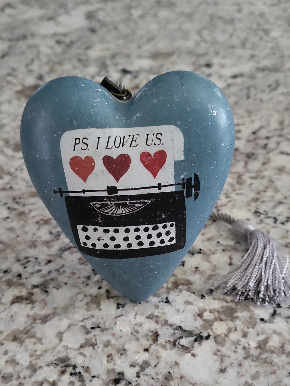 Michael Mullen Heart-Shaped Blue Typewriter  - "P.S. I Love Us" Decorative Piece